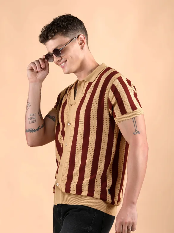 Maroon Striped Flat Knit Shirt
